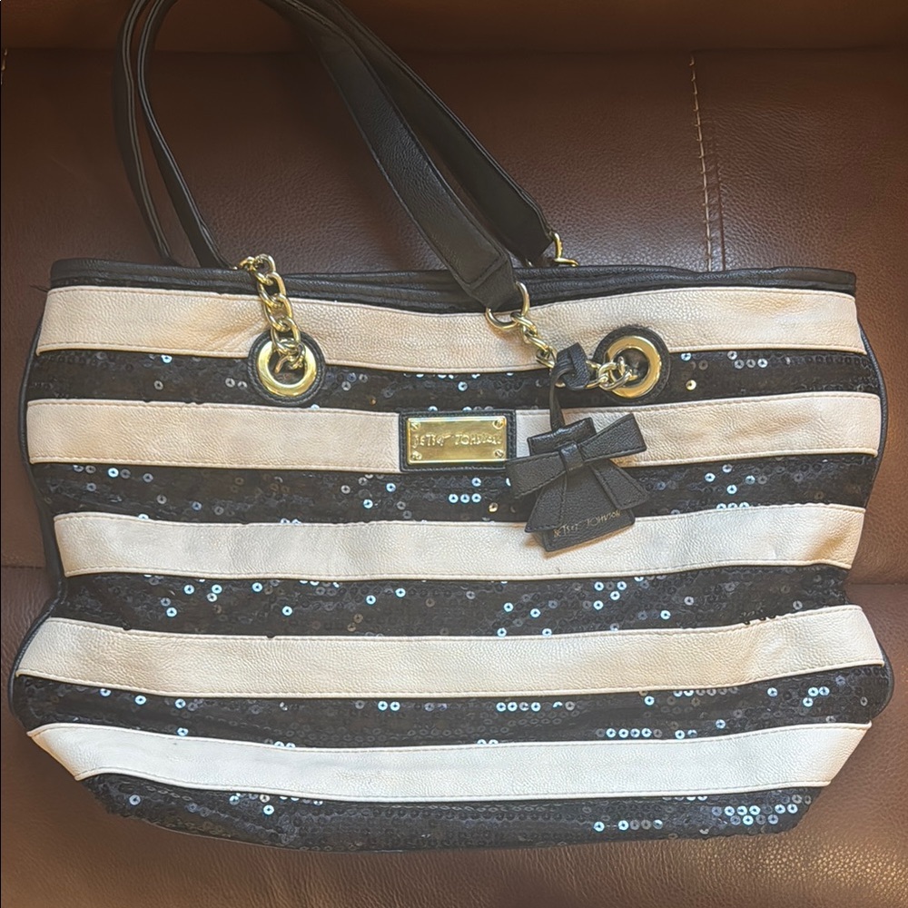 Betsey Johnson Black and White Striped Tote Bag